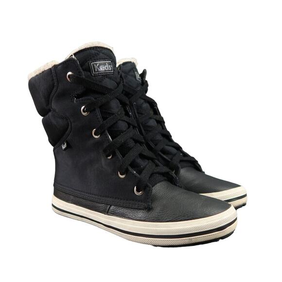 Keds Shoes Womens 8.5 Sneaker Boot Droplet Leather Lace Up Winter Faux Fur Black - Picture 1 of 15